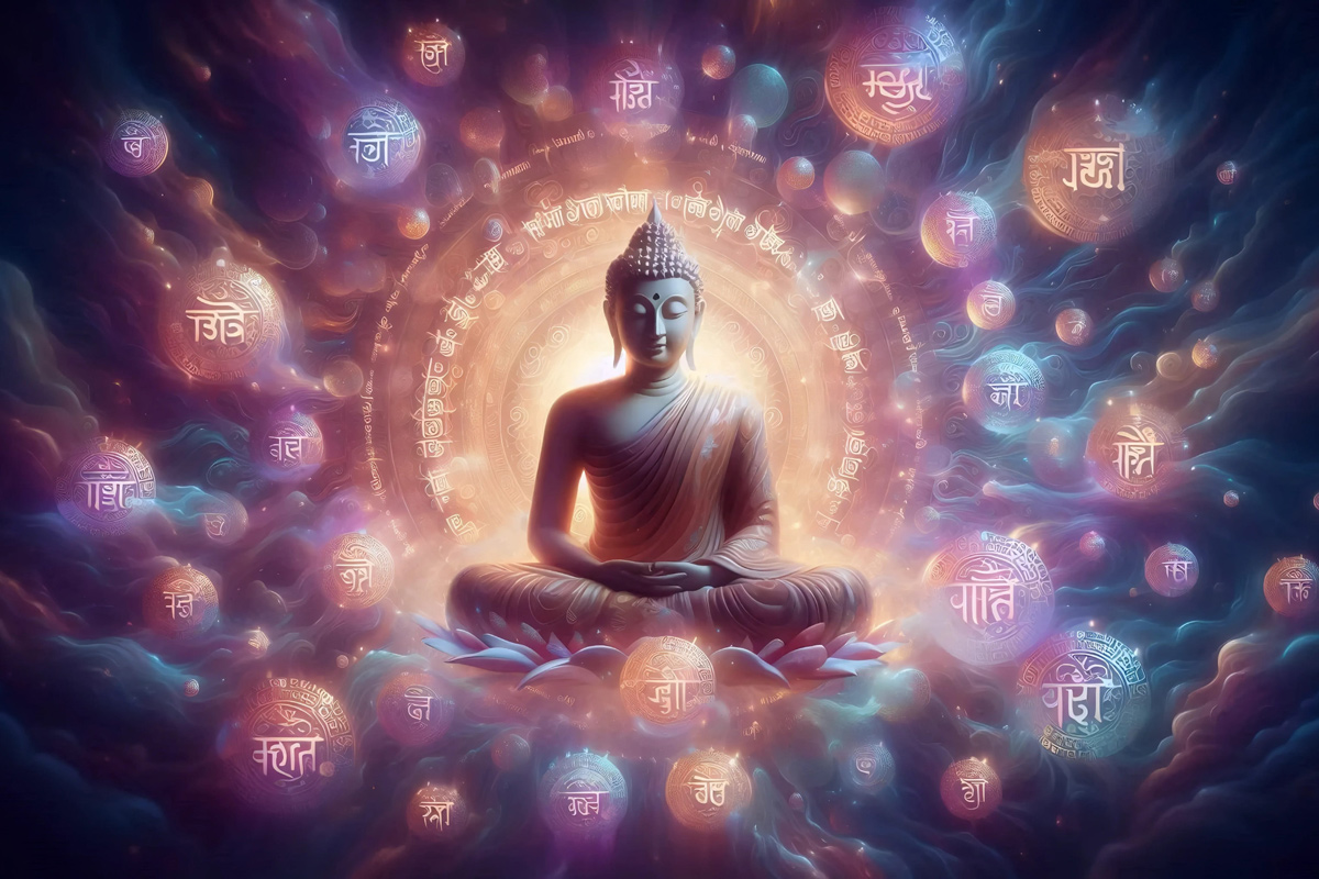 Buddha statue surrounded by clouds of amber, purple, and blue plus orbs containing and Chinese symbols.