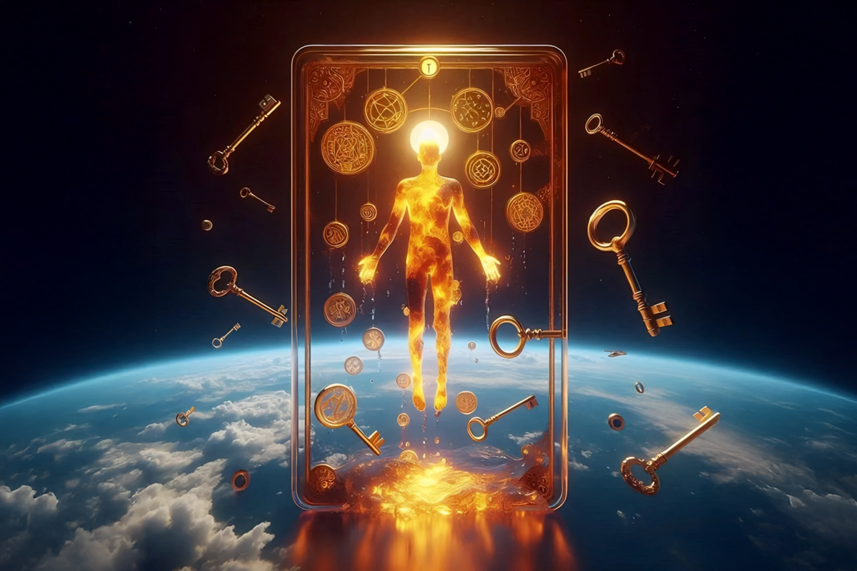The silhouette of a glowing gold man inside a tarot card is floating above the earth.