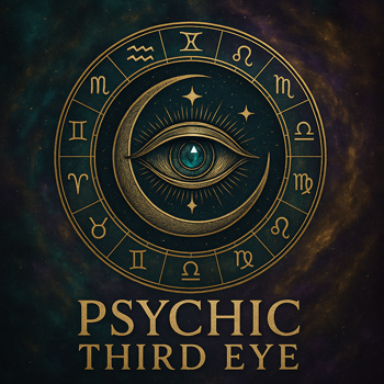 Psychic Third Eye Logo featuring an astrological calendar with an eye and a cresent moon in the middle.